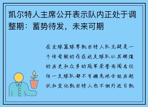 凯尔特人主席公开表示队内正处于调整期：蓄势待发，未来可期