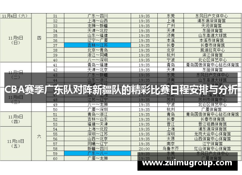 CBA赛季广东队对阵新疆队的精彩比赛日程安排与分析